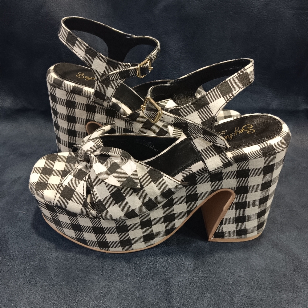 Seychelles Black and White Gingham New American Platform Sandals Front Bow - Picture 4 of 6